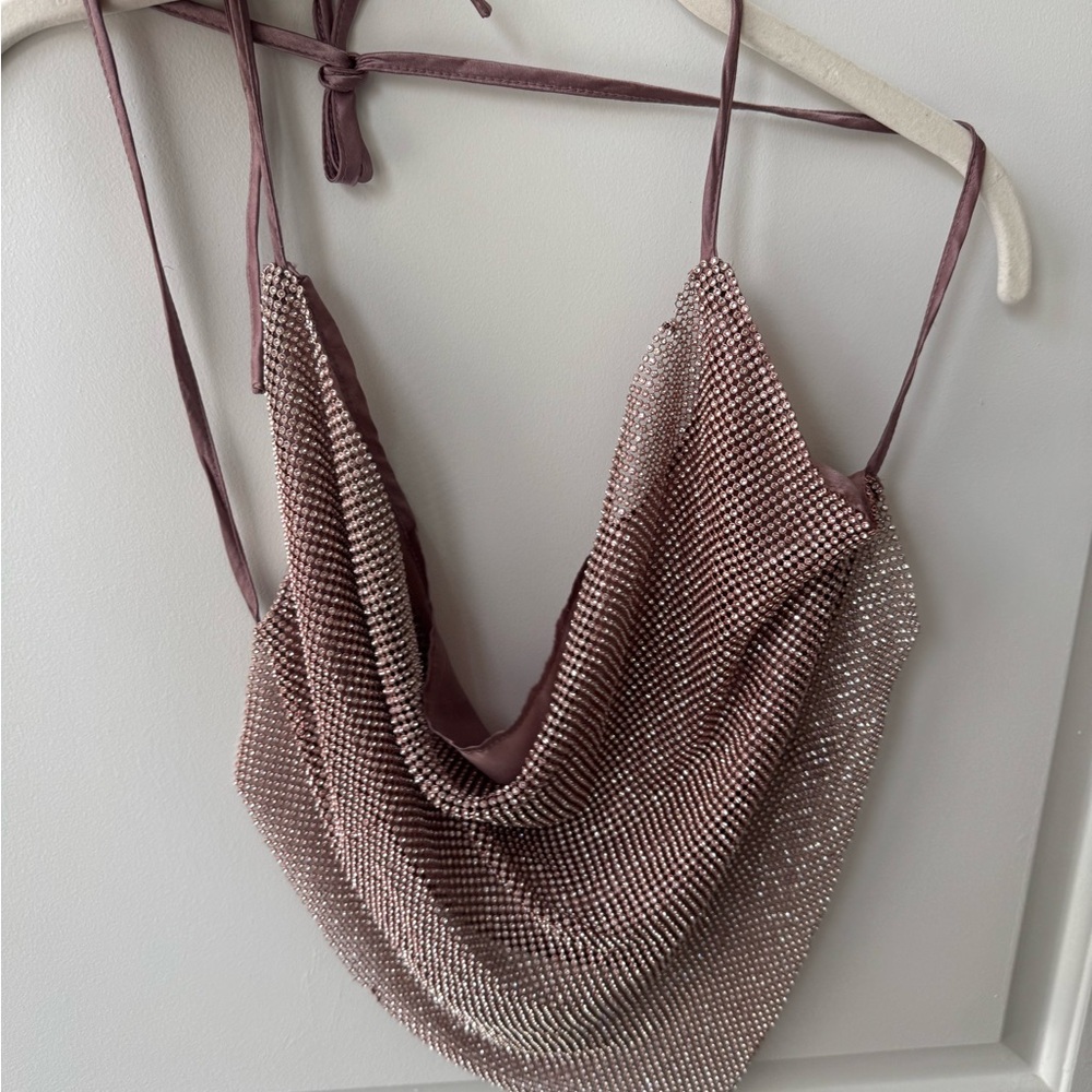 Better Be Mauve Rhinestone Mesh Top